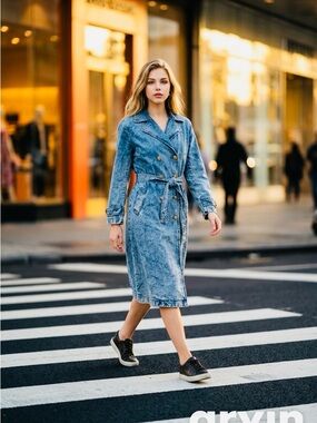 Double-Breasted Blue Denim Trench Coat